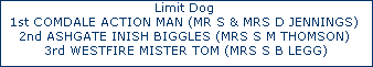 Limit Dog 




1st COMDALE ACTION MAN (MR S & MRS D JENNINGS) 




2nd ASHGATE INISH BIGGLES (MRS S M THOMSON) 




3rd WESTFIRE MISTER TOM (MRS S B LEGG)