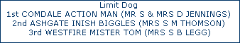 Limit Dog 




1st COMDALE ACTION MAN (MR S & MRS D JENNINGS) 




2nd ASHGATE INISH BIGGLES (MRS S M THOMSON) 




3rd WESTFIRE MISTER TOM (MRS S B LEGG)