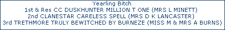 Yearling Bitch




1st & Res CC DUSKHUNTER MILLION T ONE (MRS L MINETT) 




2nd CLANESTAR CARELESS SPELL (MRS D K LANCASTER) 




3rd TRETHMORE TRULY BEWITCHED BY BURNEZE (MISS M & MRS A BURNS)