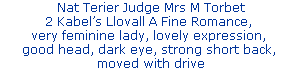 Nat Terier Judge Mrs M Torbet











2 Kabel’s Llovall A Fine Romance, 











very feminine lady, lovely expression, 











good head, dark eye, strong short back, 











moved with drive
